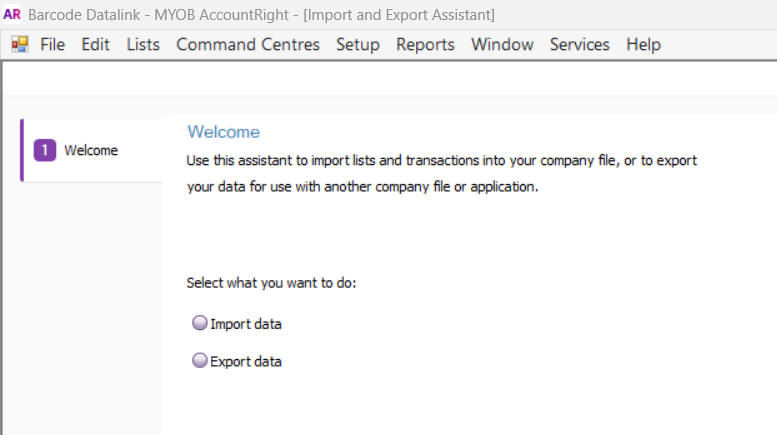 MYOB AccountRight's File menu with Import and Export Assistant highlighted