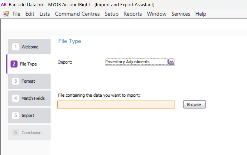 The File Type step of the Import and Export Assistant with Inventory Adjustments selected