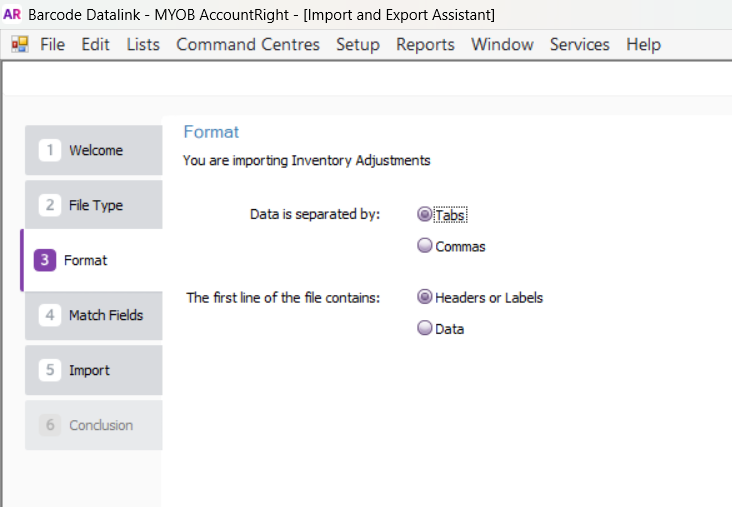 The Format step of the Import and Export Assistant, with Tabs and Headers or Labels selected