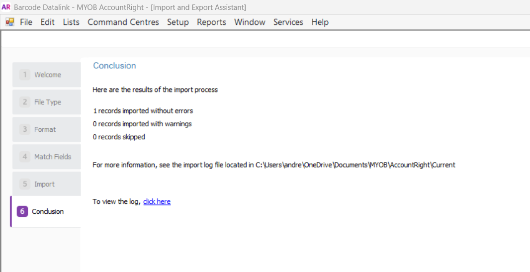 The Conclusion step reading 1 records imported without errors, 0 with warnings, 0 skipped