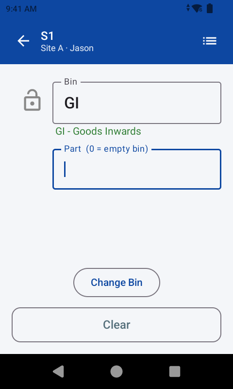 The scan a part screen, with the bin already accepted and the part box waiting