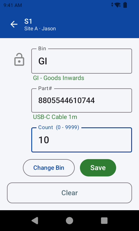 The keypad form: bin, part and count on one screen, with the part named back and a count of 10 typed