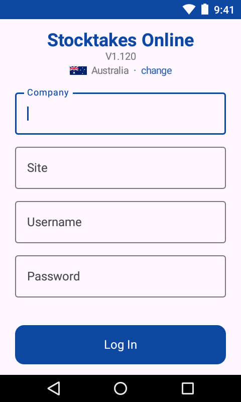 The Stocktake app login screen on a Zebra scanner after a fresh install, with the version and chosen portal shown above four empty boxes