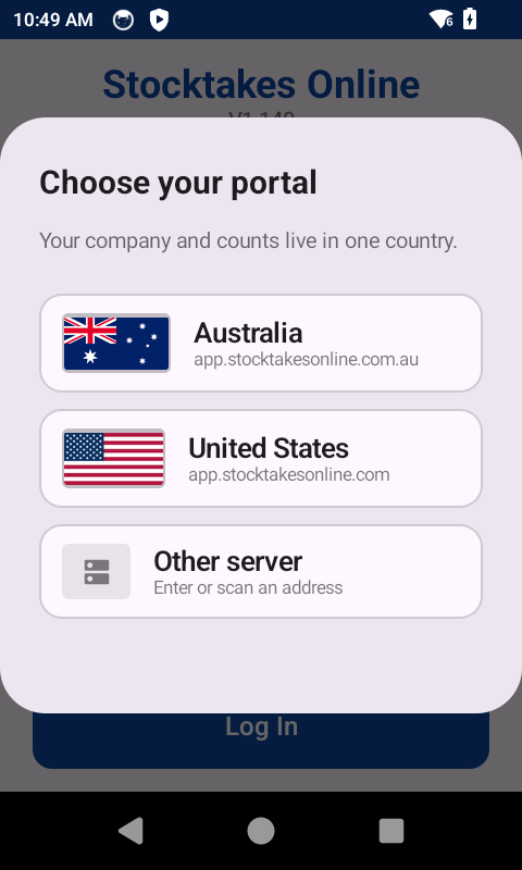 The Stocktake app on first run, asking which portal to use: Australia at app.stocktakesonline.com.au, United States at app.stocktakesonline.com, or another server entered by hand